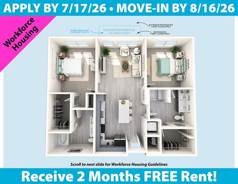 Floor plan for 2 beds, 2 baths, 1058 sqft